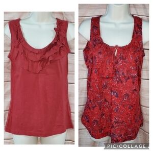 Eddie Bauer tank tops lot of 2 ruffled neck cranberry red orange blue paisley XS